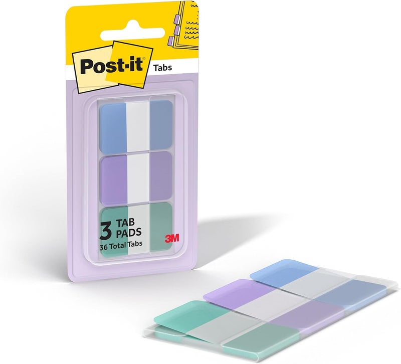 Post It Sticky Tabs, 1 in. x 1.5 in., 3 Pads of Book Tabs in Assorted Cool Pastel Colors for Bookmarking, Annotating, Reading, and Reminders, Blue, Purple, and Green Colors (36 Total Count) - Image 1
